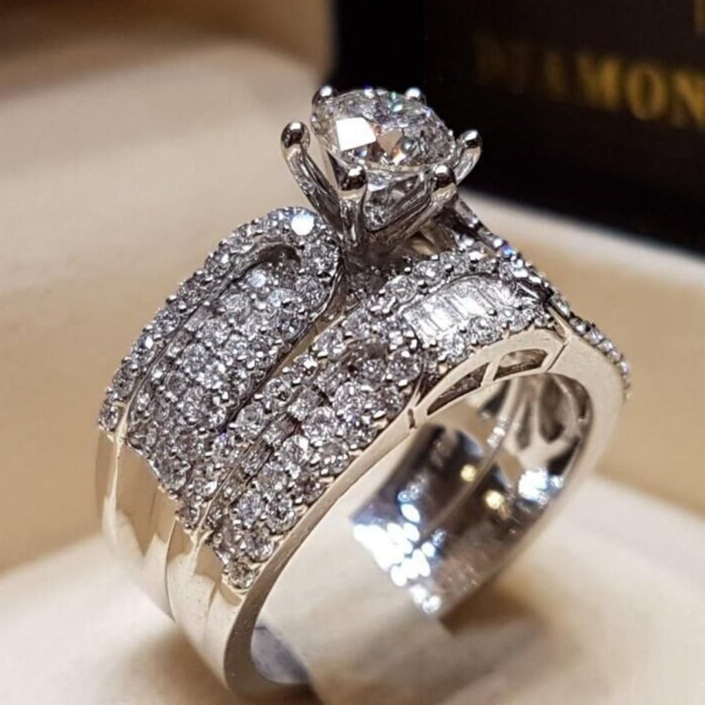 NEW 2PC/Set Silver Round Diamond Ring 13